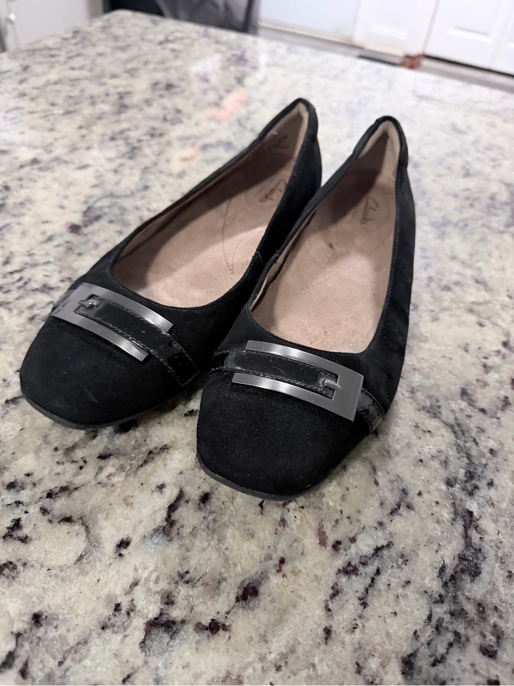 Clarks Black Suede Square-Toe Flats with Silver Metal Accent